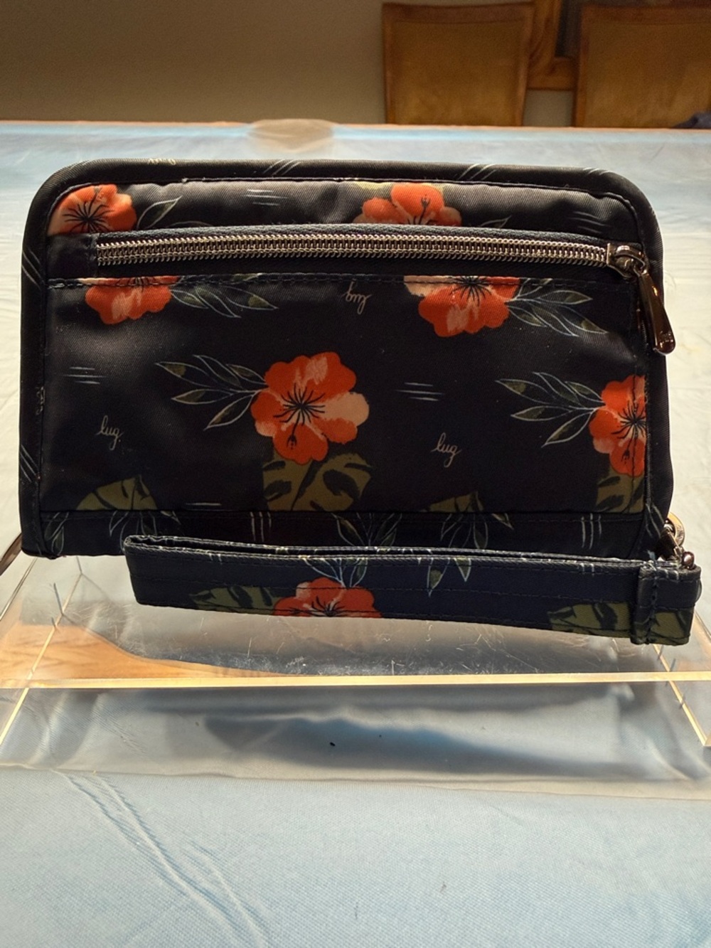 lug Black Quilted Wristlet with Orange Floral Print 15 card slots